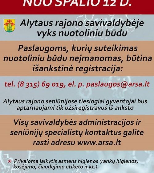  Gyventojų aptarnavimas Alytaus rajono savivaldybėje ir seniūnijose nuo spalio 12 dienos