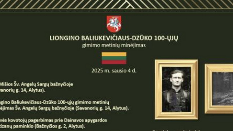  Sausio 4 d. Alytuje vyks Liongino Baliukevičiaus-Dzūko 100-ųjų gimimo metinių minėjimas