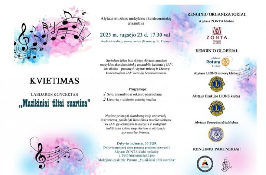  Rugsėjo 23 d. Alytuje – paramos koncertas „Muzikiniai tiltai suartina”