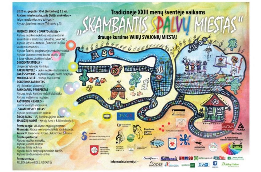  Gegužės 30 d. XXIII menų šventė vaikams „Skambantis spalvų miestas“ Alytuje – kviečia kurti vaikų svajonių miestą